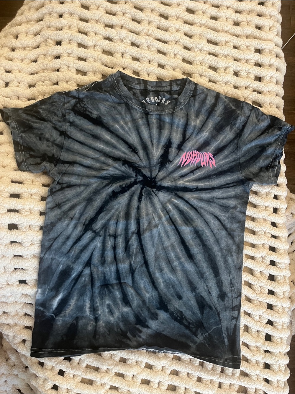No Hours Black & Gray Spiral Tie-Dye Tee with Pink Logo